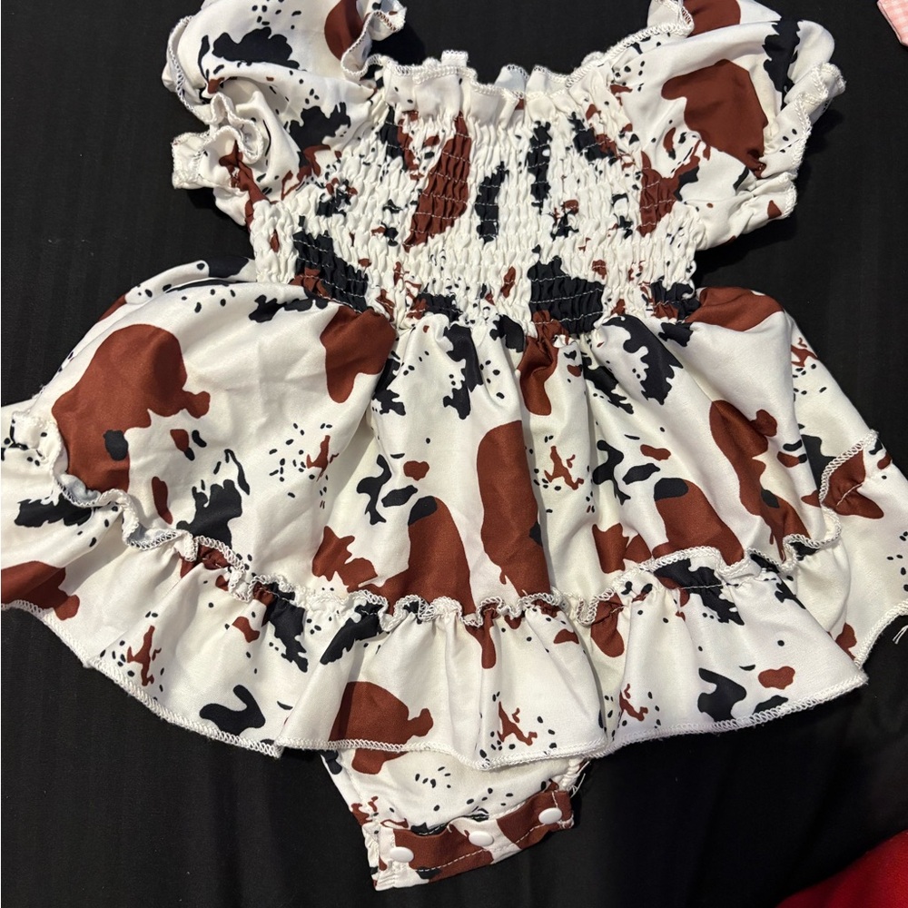 SHEIN Ruffled Baby Dress in Brown and Black cow print